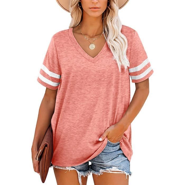 Camiseta de mujer - FONDUPIN - Rayas, manga corta, cuello en V, rosa