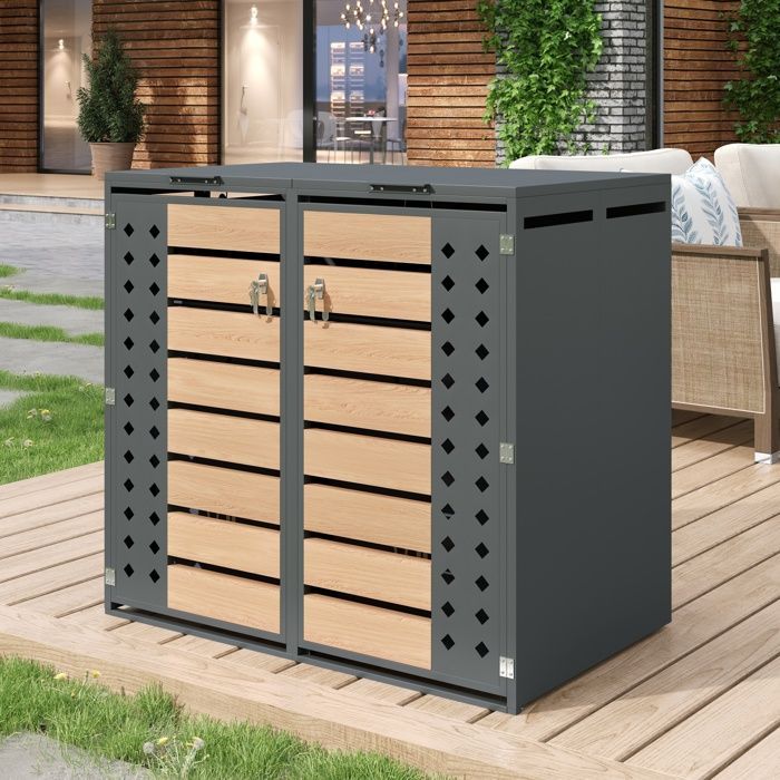Contenitore per 2 bidoni da giardino standard - Coperchio incernierato - 2 sportelli con serratura, metallo, grigio + legno