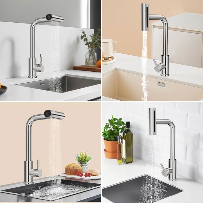 Rubinetto da cucina con doccetta estraibile, girevole a 360°, miscelatore da cucina in acciaio inox di alta qualità con 4 modalità di getto.