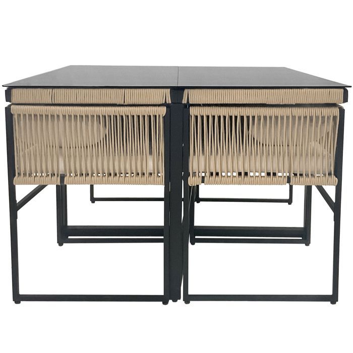 Ensemble table et chaise de jardin - 4 places - 1 table et 6 chaises décorées de corde - Beige