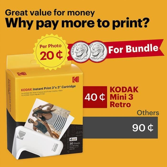 Kodak Mini 3 Retro Gelb, tragbarer Fotodrucker, schneller Druck, HD-Fotos, 54 x 86 mm, Bluetooth, kompatibel mit iOS und Android