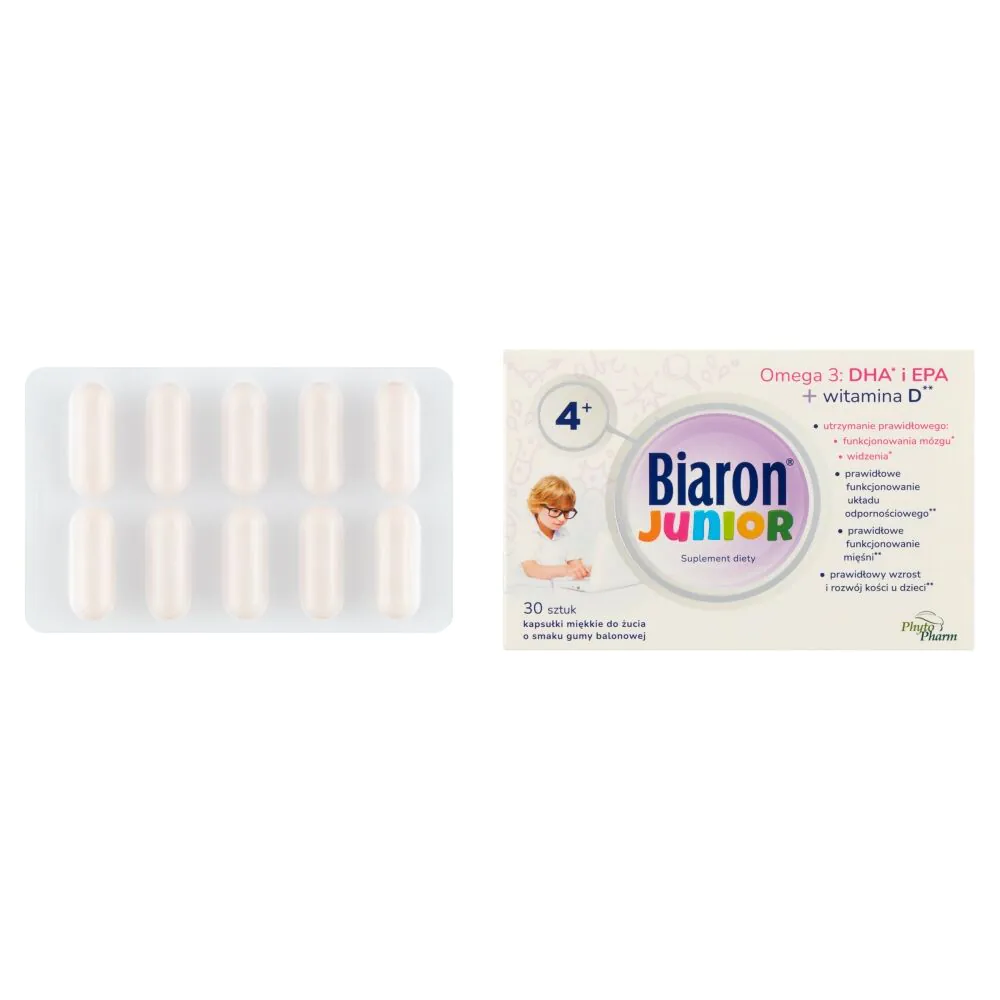 Biaron Junior, Omega-3 + Witamina D dla dzieci powyżej 4. roku życia i dorosłych, Kapsułki miękkie do żucia, Smak gumy balonowej