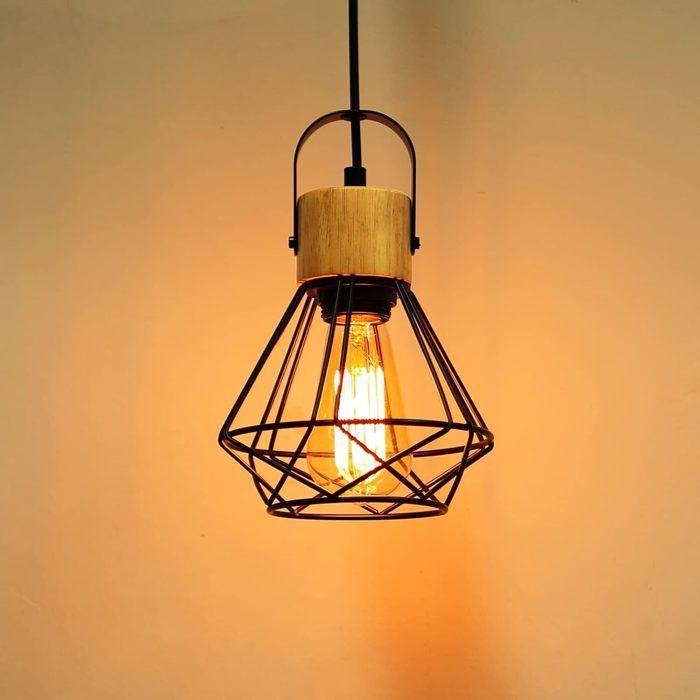 IDEGU 3 Industriële hanglampen, 16 cm vintage ijzeren en houten retro kooiontwerp zwarte kroonluchter voor de woonkamer