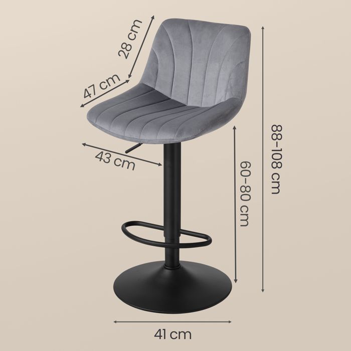 Tabourets de Bar Réglables, Tabourets avec Dossier, Rotation 360°, Velours, pour Cuisine, Salle à Manger, Lot de 2, Gris