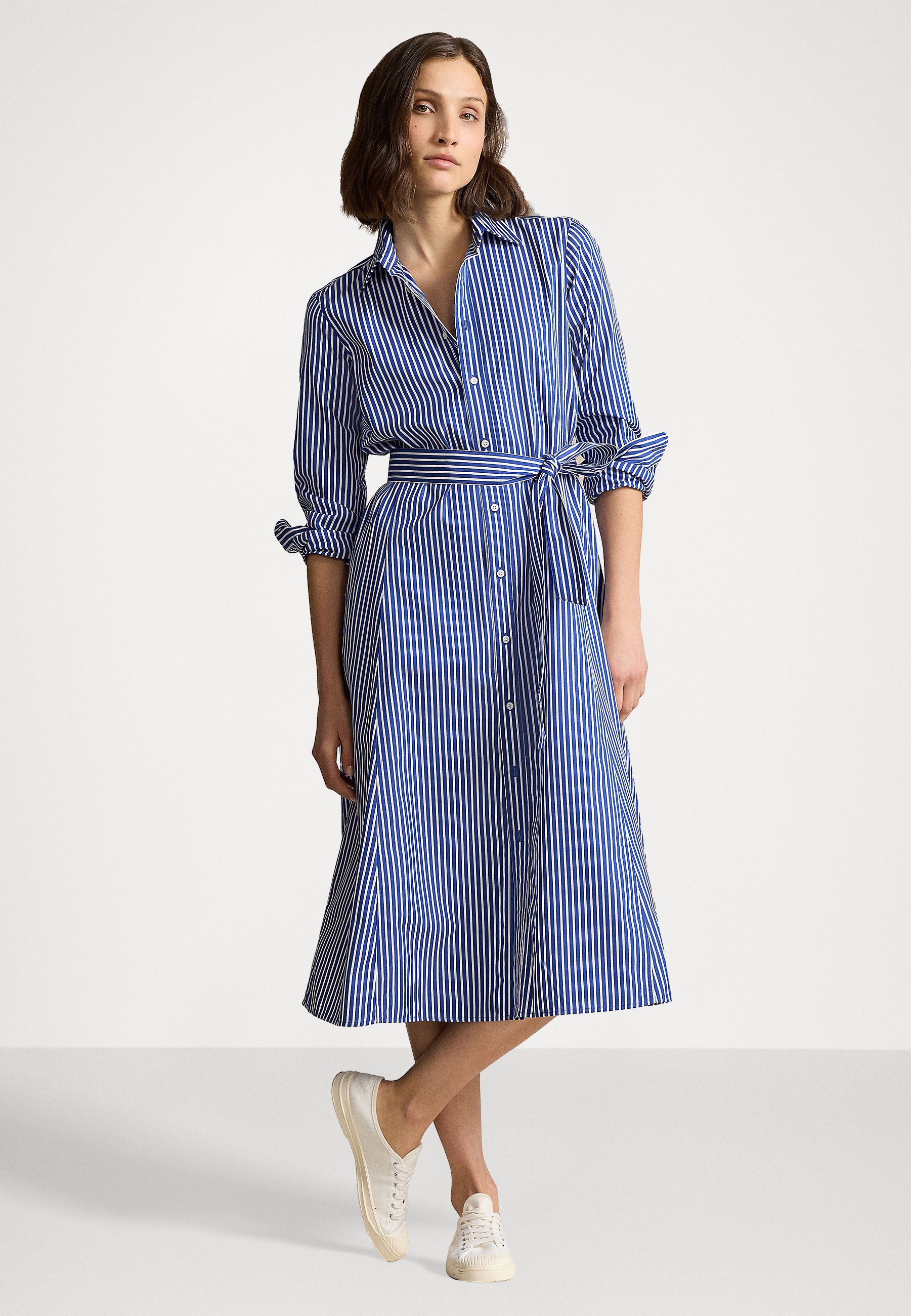Abito camicia a righe in cotone con cintura Polo Ralph Lauren - Abito camicia - blu navy brillante/bianco
