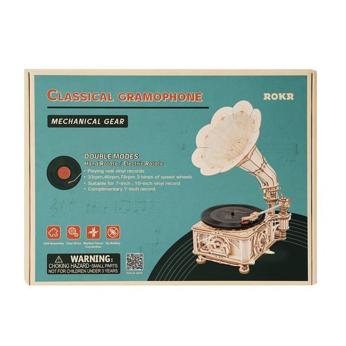 3D-Holzpuzzle – ROBOTIME ROKR Klassisches Grammophon (elektrische Version, mechanischer Bausatz)