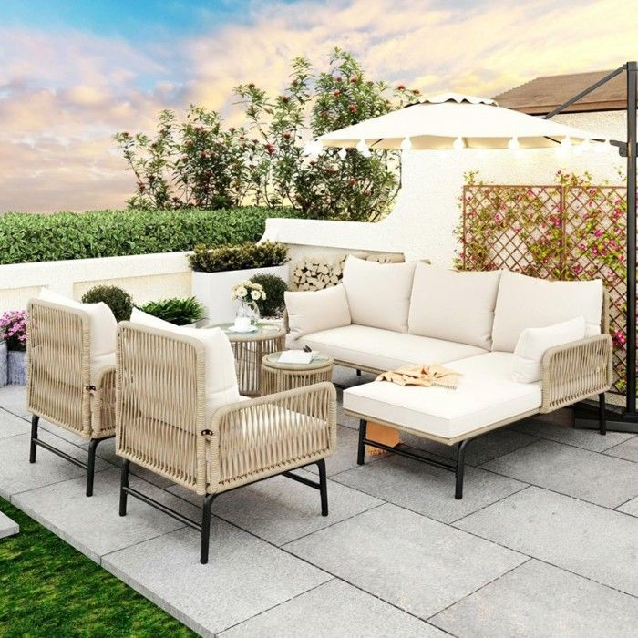 Salon de jardin extérieur - LANGTU - Ensemble 6 pièces - Corde tressée beige - Cadre fer anti-rouille - Coussins 8 cm déhoussables