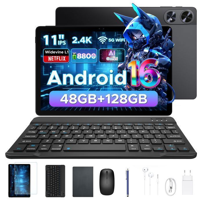 AORLYM P11 Pro Android 16 Tablette Tactile,2,4K IPS Écran Tablette avec Stylet,48Go+128Go Tablette 11 Pouces, 8800mAh,Gemini AI-Noir