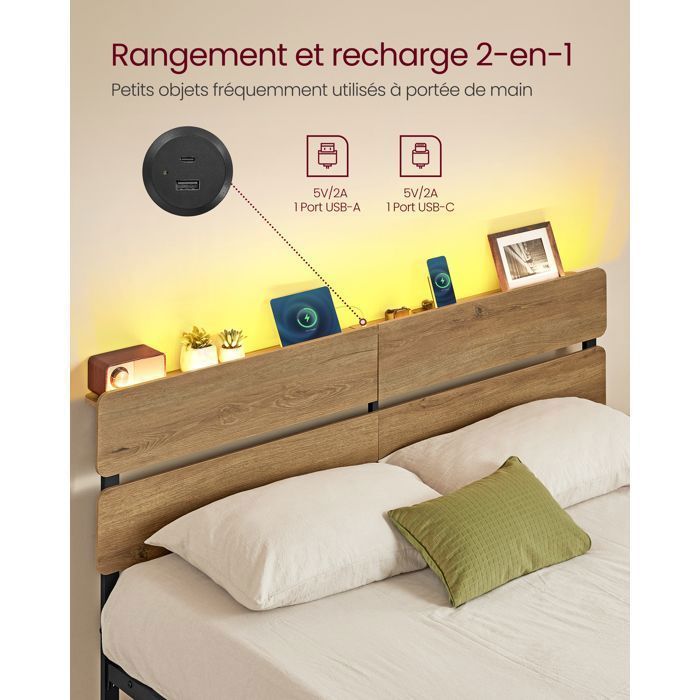 Struttura letto VASAGLE 160x200 - LED - USB - Contenitore - Stile industriale - Marrone naturale