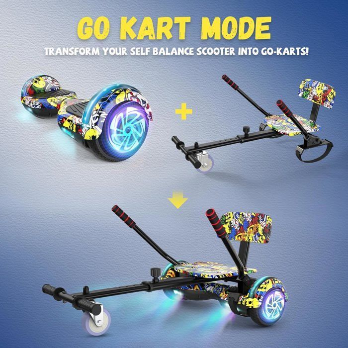 Hoverboard with integrated seat, 6.5 inches with Bluetooth speaker and LED lights for children (including pedal kart), Yellow