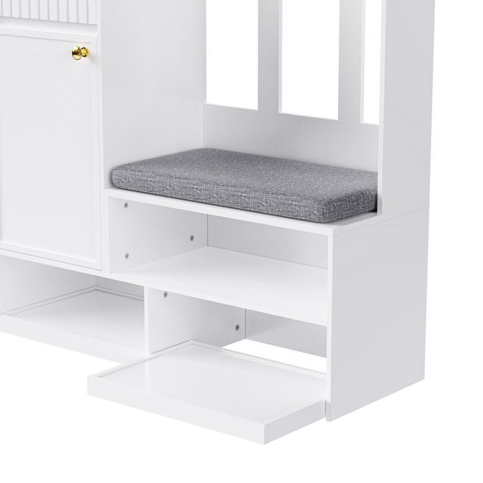 Meuble d’entrée avec rangement et banc – Vestiaire avec miroir, étagères et porte-manteaux, meuble chaussure blanc