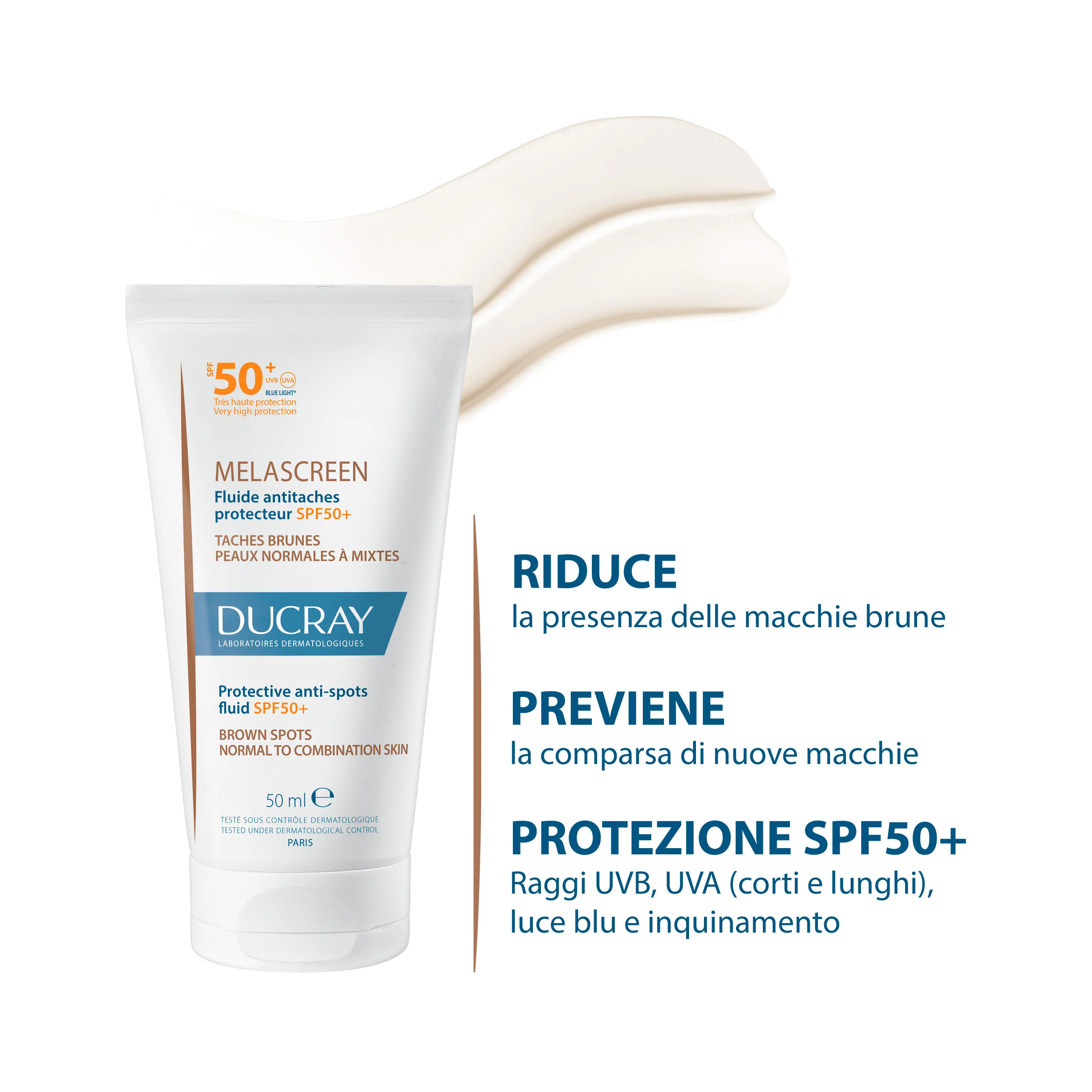 Melascreen Fluido anti-macchie  protettivo SPF50+ - Fiale viso antimacchie, Trattamenti Protettivi, Solare viso alta prot.