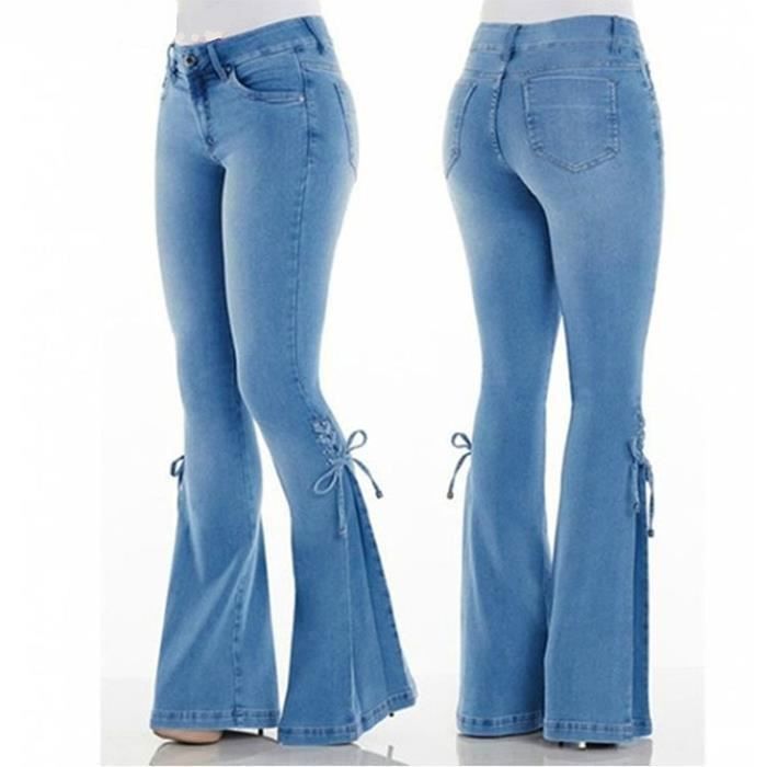 Jeans elásticos de tiro medio para mujer - FUNMOON - Corte ajustado - Azul oscuro - Azul