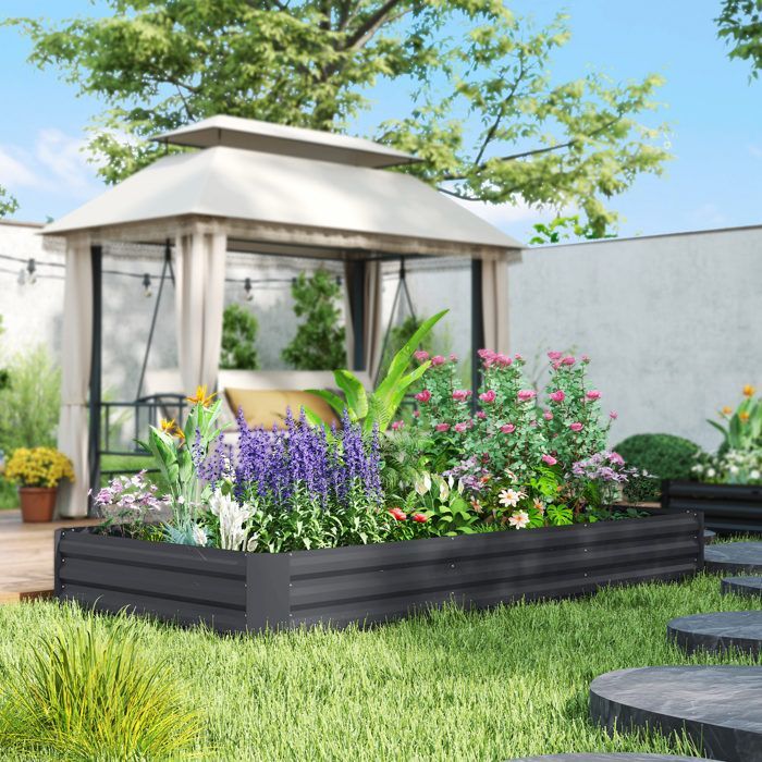 Vaso de jardim para exterior - Outsunny - com borda de segurança e fundo aberto - fabricado em aço galvanizado - 240 x 120 x 30 cm - cinza escuro