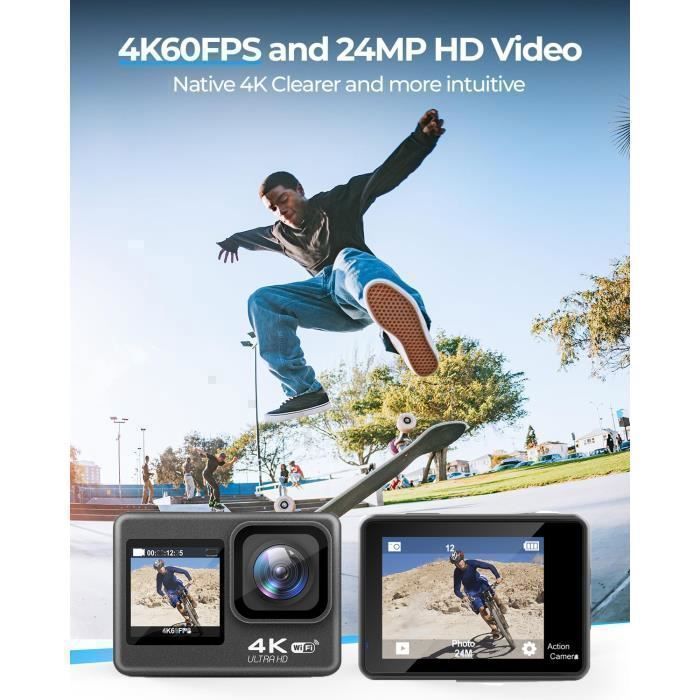 Caméra Sport 4K 60fps 24MP WiFi - Camera 4k Étanche jusqu'à 40M avec Stabilisation, Convient pour les voyages, le sport