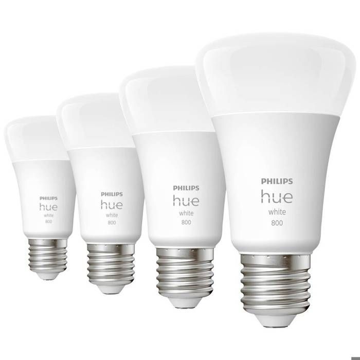 Bombilla LED Philips Hue blanca, casquillo E27, equivalente a 60 W, 800 lúmenes, compatible con Bluetooth, paquete de 4 unidades.