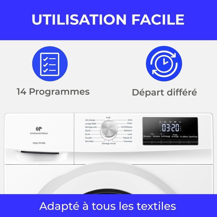 Sèche-linge pompe à chaleur - CONTINENTAL EDISON - CESL7PCWE - 7 kg - 60 cm - Classe E - Blanc