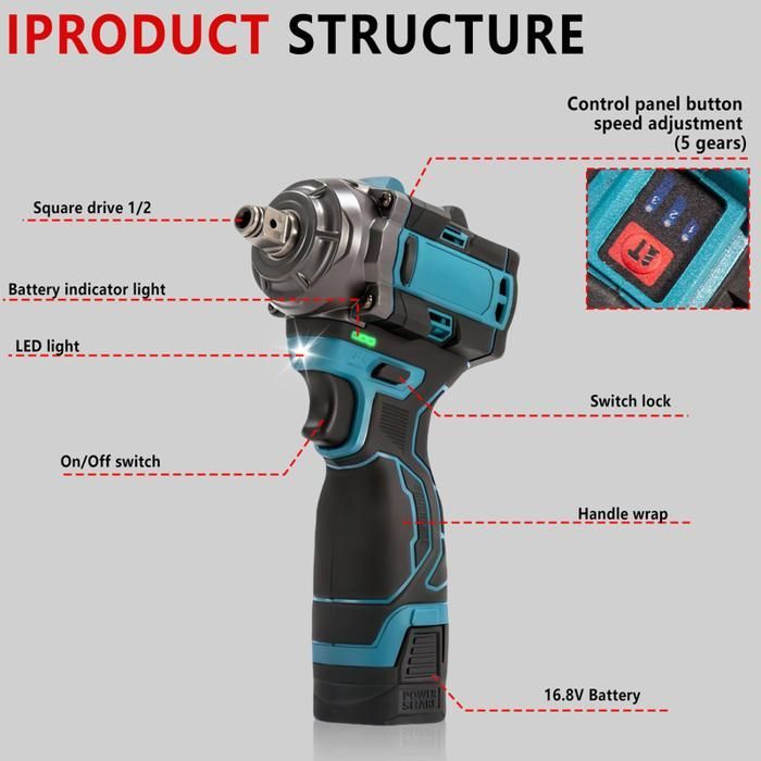 Avvitatore a impulsi elettrico senza fili da 500 N.M, avvitatore a impulsi industriale senza spazzole, 16,8 V, 2 batterie agli ioni di litio da 1500 mAh, velocità regolabile.