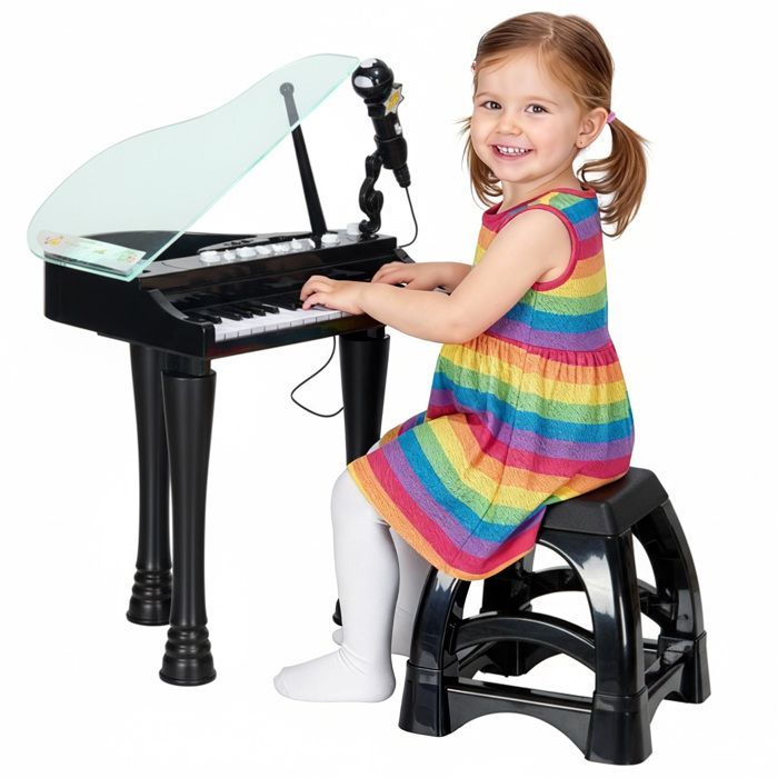 Piano electrónico infantil AIYAPLAY - 32 teclas multifuncionales, taburete pequeño, tapa con luz LED - Plástico - Negro