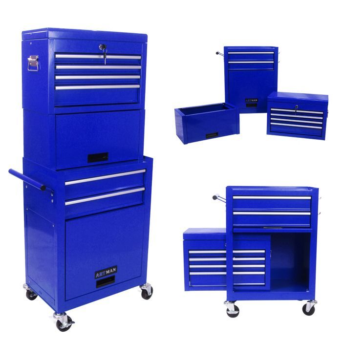 Servante d'atelier 2 en 1 -Caisse a outil -Chariot à roulettes -6 Tiroirs verrouillables rangement -Bleu-53 x 33 x 133 cm