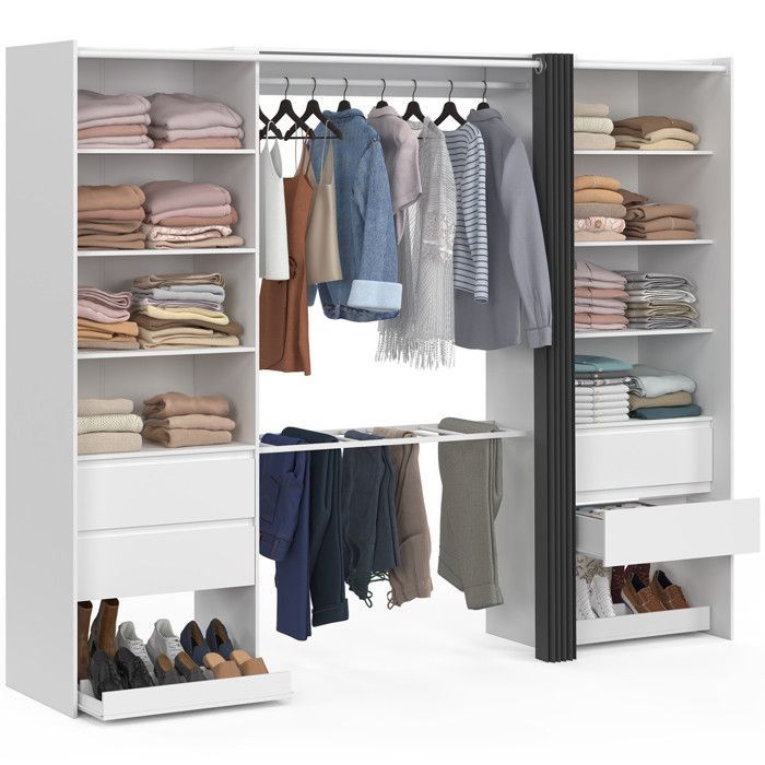 IDMARKET Dressing double XXL MERYL 220 cm avec porte pantalons + étagères + tiroirs + rangements à chaussures blanc et gris