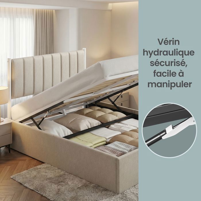 Letto matrimoniale con contenitore, base a doghe sollevabile 160 x 200 cm, struttura letto moderna, camera da letto, facile da montare, beige