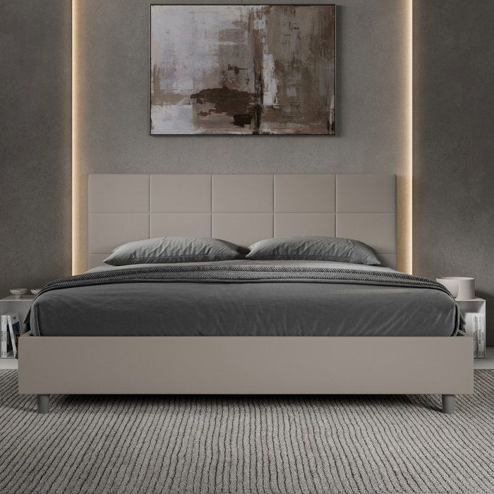 Letto matrimoniale king size con contenitore - Ityhome - Mika - 200x210 cm - Ecopelle color tortora - Testiera imbottita