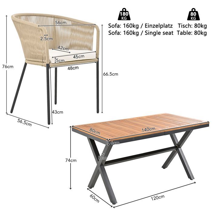 Garden table and chair set - 6 seats - 1 acacia wood table and 6 rope-decorated chairs - Beige