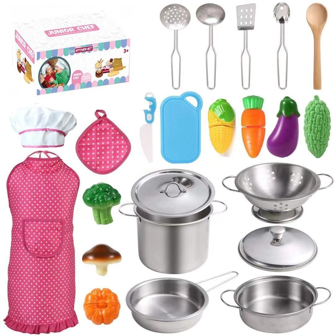 Accesorios de cocina para niños, juego de rol de chef, utensilios de cocina de juguete con ollas y sartenes de acero inoxidable.