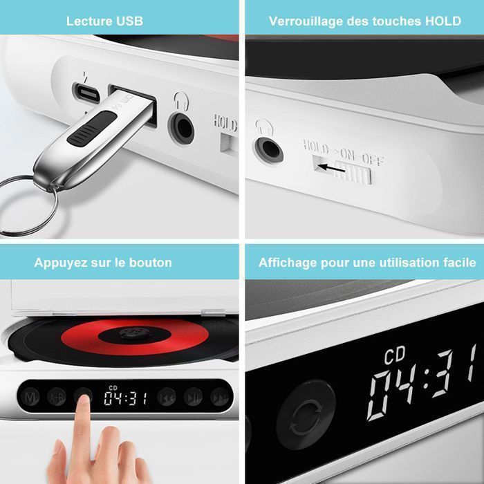 Reproductor de CD - Bluetooth, batería de 2000 mAh - Ultradelgado y ligero - HiFi compatible con CD y puerto USB AUX de 3,5 mm - Ideal para deportes - Negro