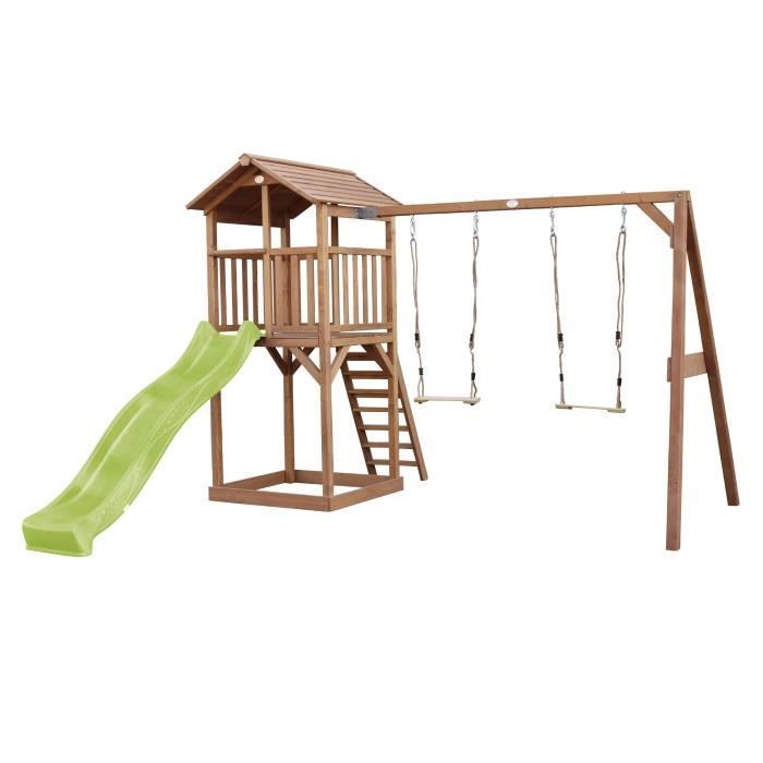 Area giochi AXI Beach Tower con scivolo verde chiaro, 2 altalene e sabbiera | Grande casetta da gioco all'aperto marrone