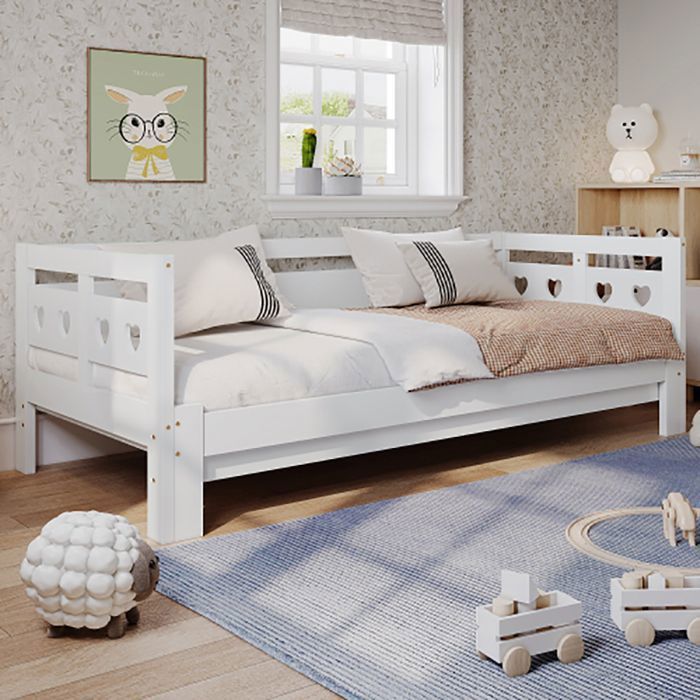 Cama de adulto, sofá cama, cama extraíble de 90x190 cm de pino macizo con segunda cama y estructura enrollable, cama en forma de corazón, blanca.