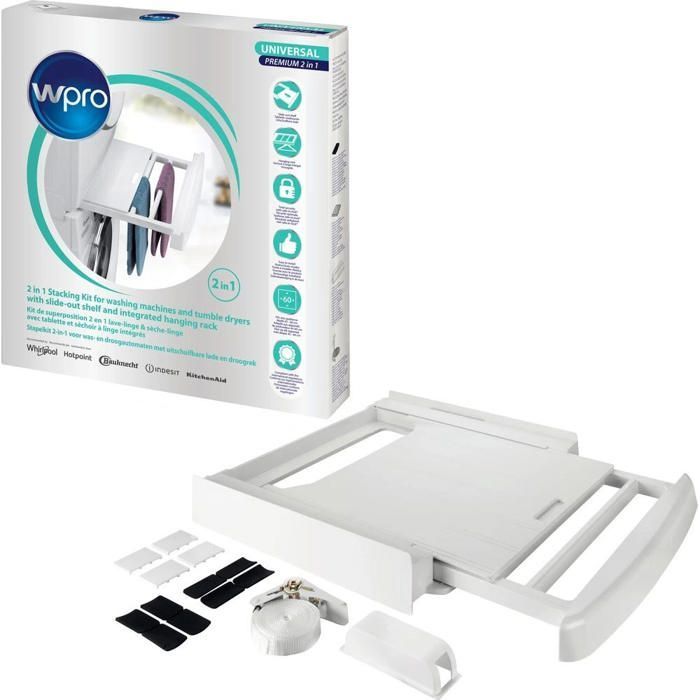 Kit di impilamento universale 2 in 1 WPRO per lavatrice/asciugatrice con cestello per asciugatrice integrato