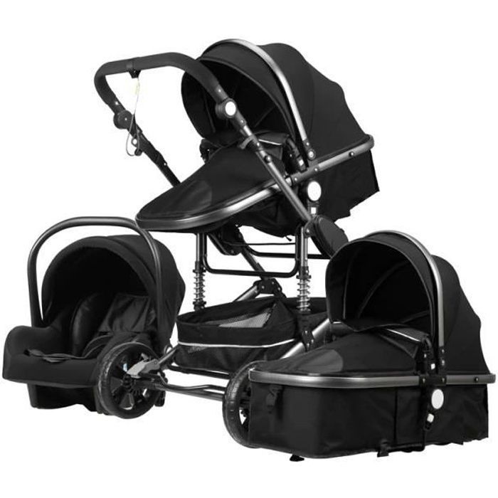 Poussette Bébé Combinée Trio Pack 3 en 1 Noir-ARG Chassis Haut a Absorption de Chocs Pliable Siege Auto Réversible Roues