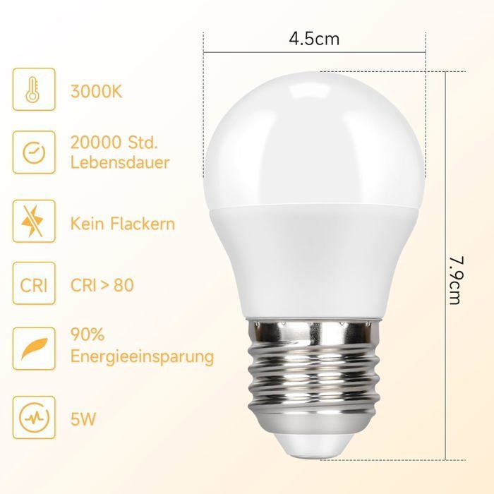 Paquete de 6 bombillas LED Homefire E27 - 5W G45 Blanco cálido 3000K Equivalente a bombillas de 50W Lámpara de aluminio sin parpadeo