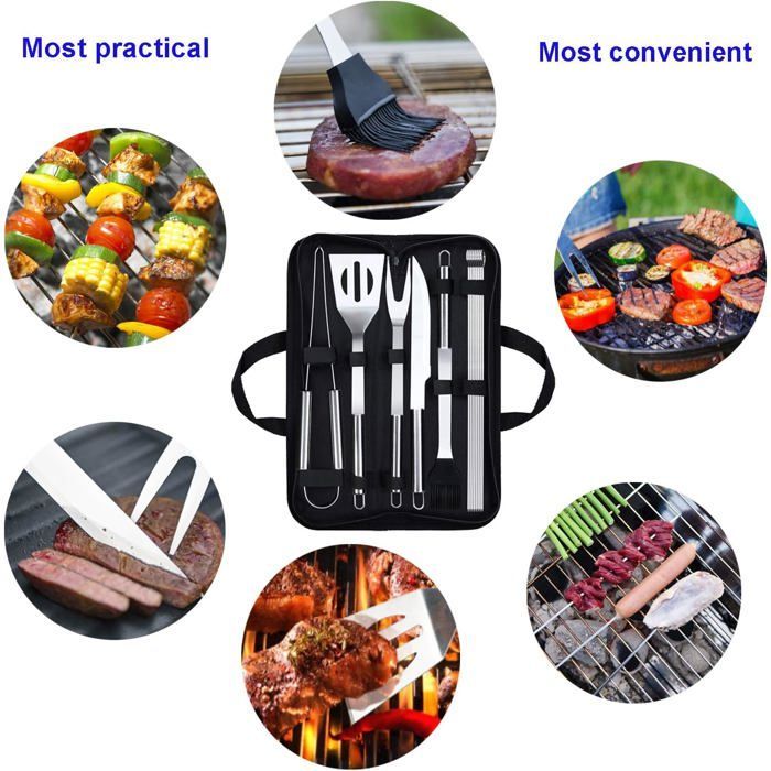 Utensilios para barbacoa - Utensilios de acero inoxidable para barbacoa - Kit de accesorios para barbacoa portátil con estuche de transporte