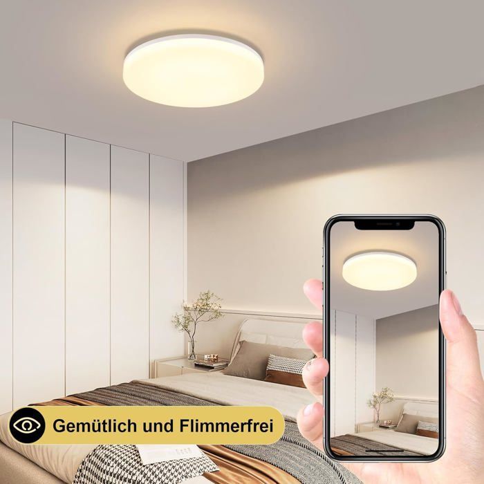 Homefire LED Plafonnier plat dimmable blanc 18W 6000K avec télécommande IP54 ronde cuisine chambre d'enfant salle de bain 22CM