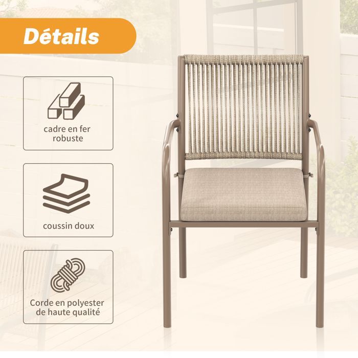Ensemble de jardin moderne en rotin – Table ronde en verre + 4 fauteuils accoudoirs, structure en fer, pour terrasse balcon-BRUN