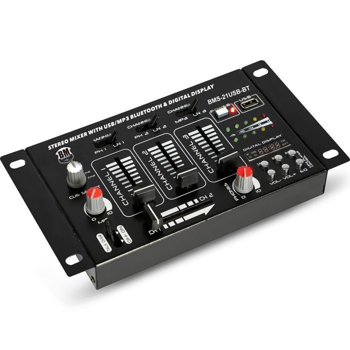 BM SONIC BMS-21USB-BT 4-Kanal DJ-Mixer mit USB- und Bluetooth-Eingängen, 1 Phono/Line-Eingang, 1 Phono/USB-Eingang, 1 CD-Eingang, Kopfhörer und Mikrofon im Lieferumfang enthalten.