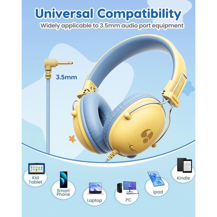 Auriculares infantiles - ZVVN - Modelo plegable - Límite de volumen 74/85 dB - Sonido estéreo HD - Amarillo y azul