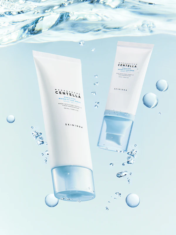 SKIN1004 Madagascar Centella Hyalu-Cica Water-Fit Sun Serum, sérum protetor solar com efeito hidratante.