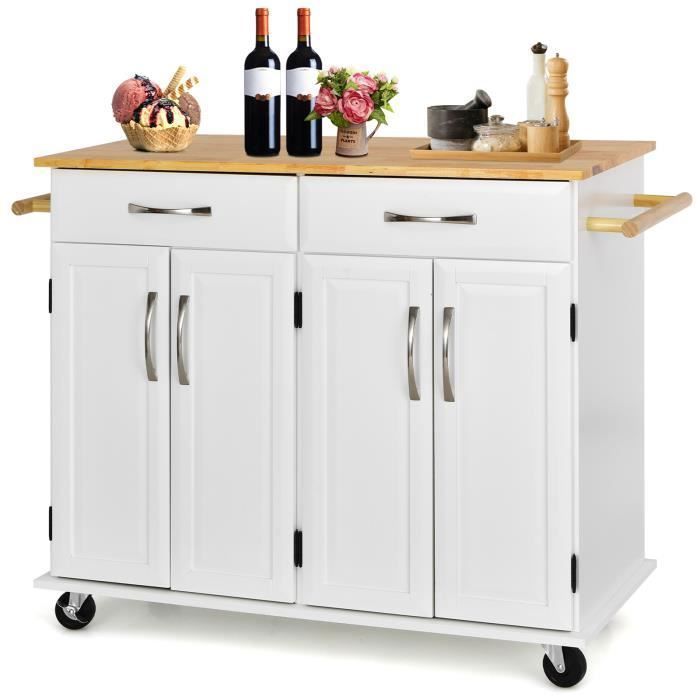 Carrito de cocina con ruedas COSTWAY - 2 cajones, 2 armarios de doble puerta, estantes ajustables - Carrito para isla de cocina -