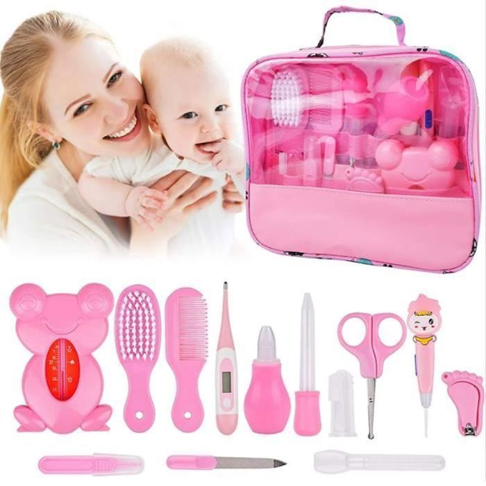 Kit de cuidado para bebé - 13 piezas - Forma de Balemon - Artículos esenciales de higiene para bebé - Con bolsa de almacenamiento - Rosa