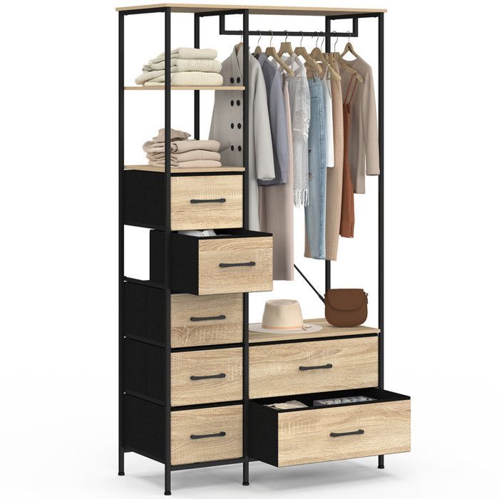 IDMARKET UTAH 90cm Wide Wardrobe + Column with 1 Shelf and 7 Fabric Bins in Wood and Black