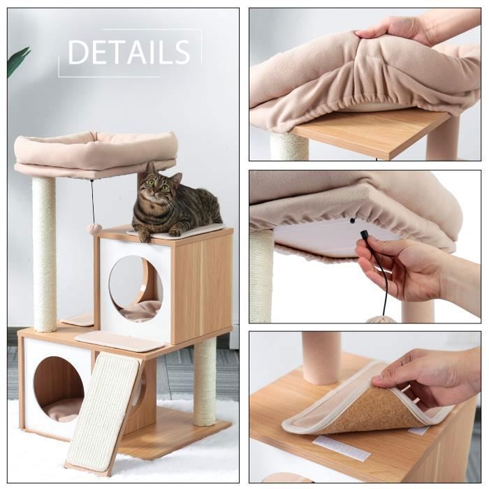 PAWZ Road Modern and Sturdy Wooden Cat Tree, Cat Tree with Scratching Post, Sisal, Hanging Pom-Pom, Basket, 89cm, Beige