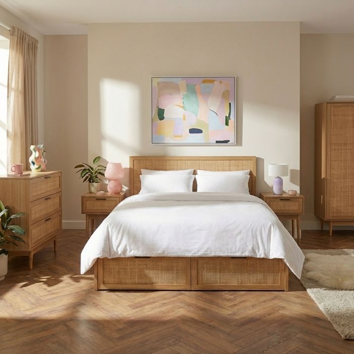 Cama AMANA con cajones, ratán, 140x190 cm, somier de láminas incluido - Madera