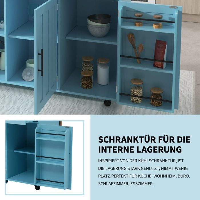 Carrito de cocina con encimera, 2 cajones y 3 puertas, isla de cocina extensible con ruedas, 129x46-71x91,5 cm, azul.