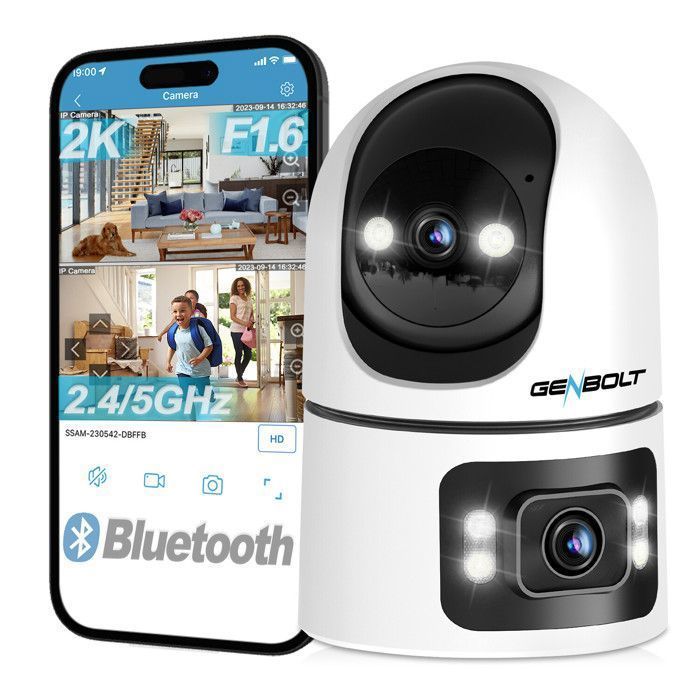 Telecamera di sorveglianza WiFi per interni GENBOLT, doppia lente a 360°, doppio WiFi a 2,4 e 5 GHz, rilevamento intelligente della presenza di persone, ideale per neonati.