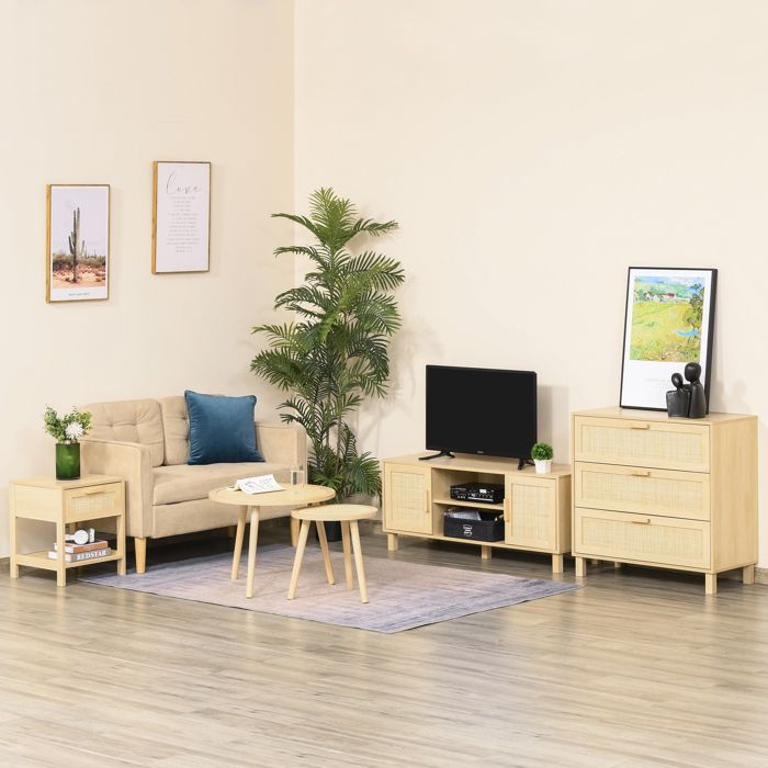 Cómoda - HOMCOM - 4 cajones, caña de ratán, mueble de almacenamiento para dormitorio - MDF - 80x40x80cm - madera clara