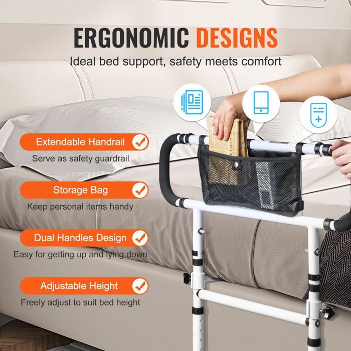 Barrière de Lit pour Adultes Personnes Âgées Pliable -VEVOR- Charge 204 kg-Poignée Réglable à 4 Niveaux Poche de Rangement